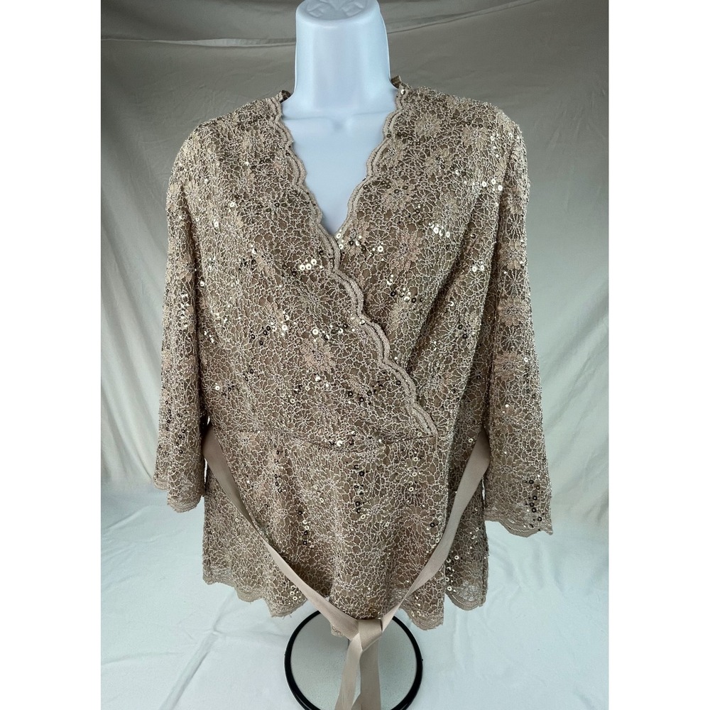 Alex Evenings Women Taupe Floral Lace Sequin Wrap Top Evening Blouse LARGE